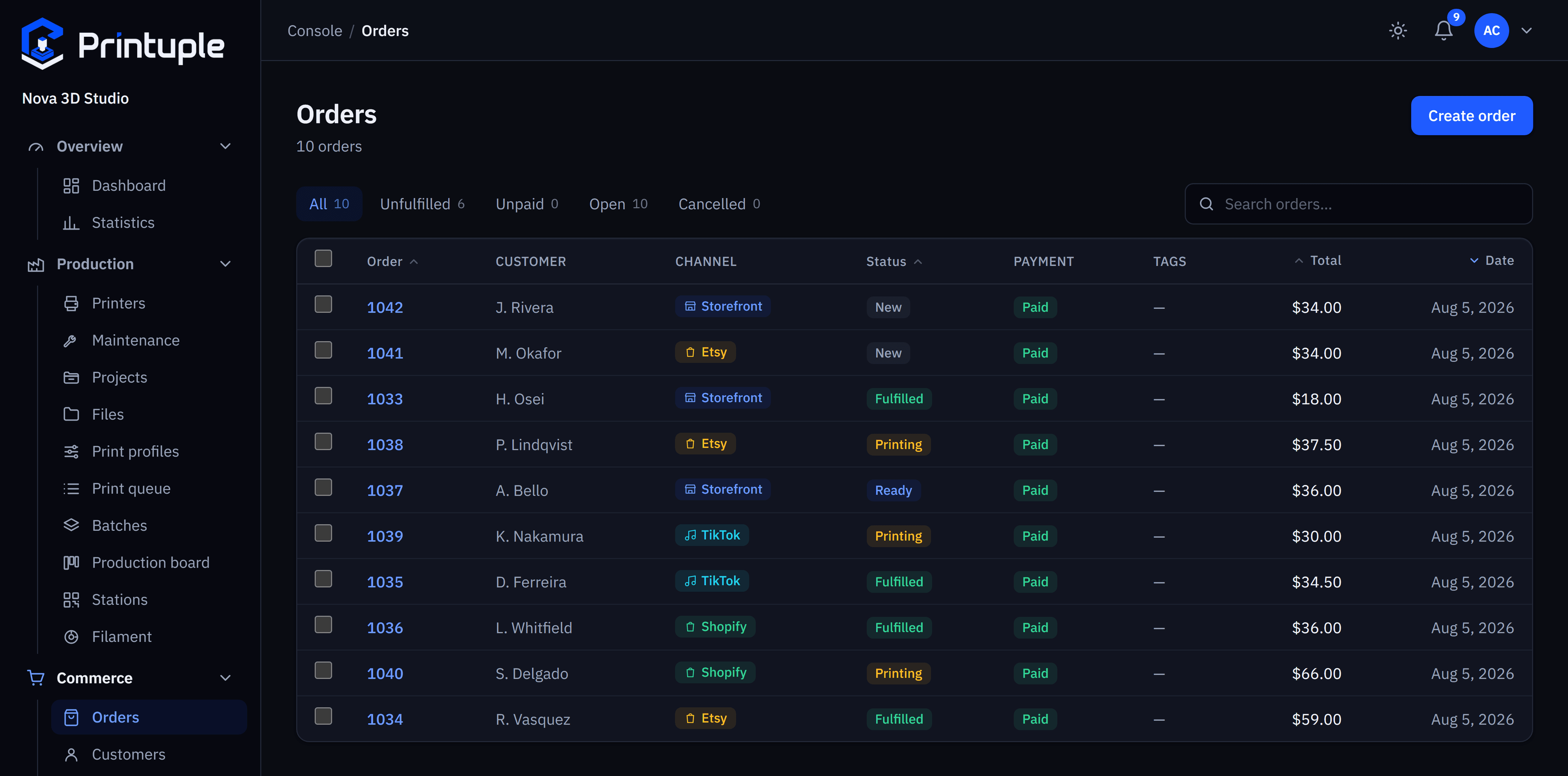 The Printuple orders screen